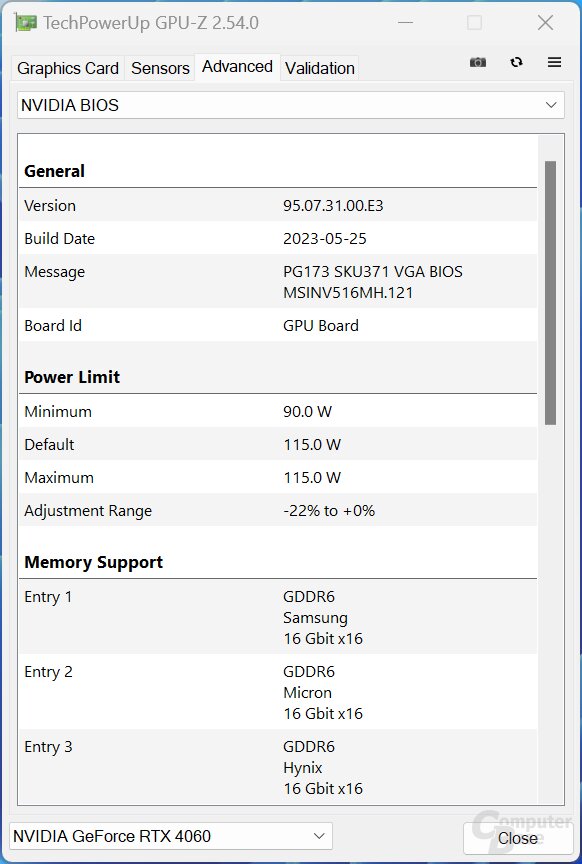 GPU-Z-Screenshots der MSI RTX 4060 Ventus mit 115 Watt
