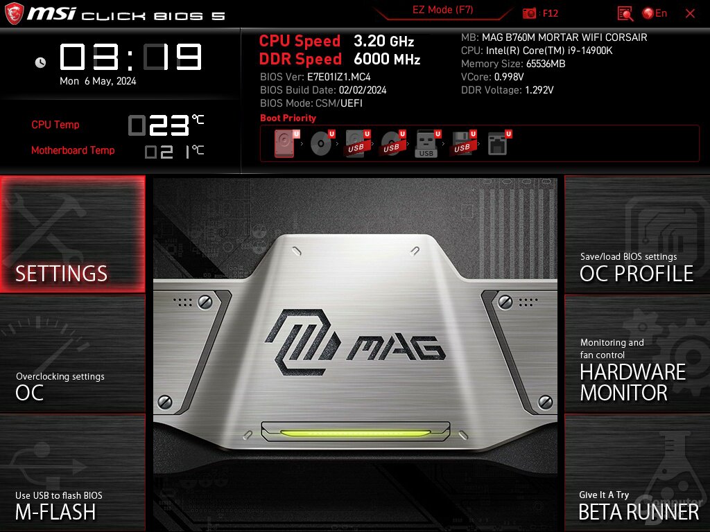 Corsair setzt auf ein MSI B760 Mortar WiFi