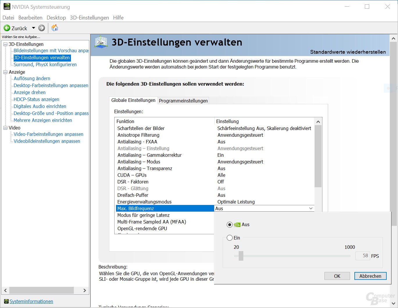 Globale FPS-Begrenzung (Max. Bildfrequenz) im Nvidia Control Panel festlegen